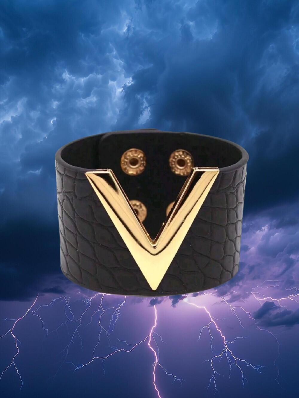 Punk Cuff Bracelet Grunge Gothic Glam V Design Black Gold Snap Closure Bracelet - Picture 2 of 4